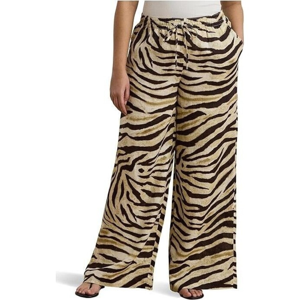 Lauren Ralph Lauren Women's Zebra-Print Linen Wide-Leg Pants Cream Brown XXL - Picture 5 of 13